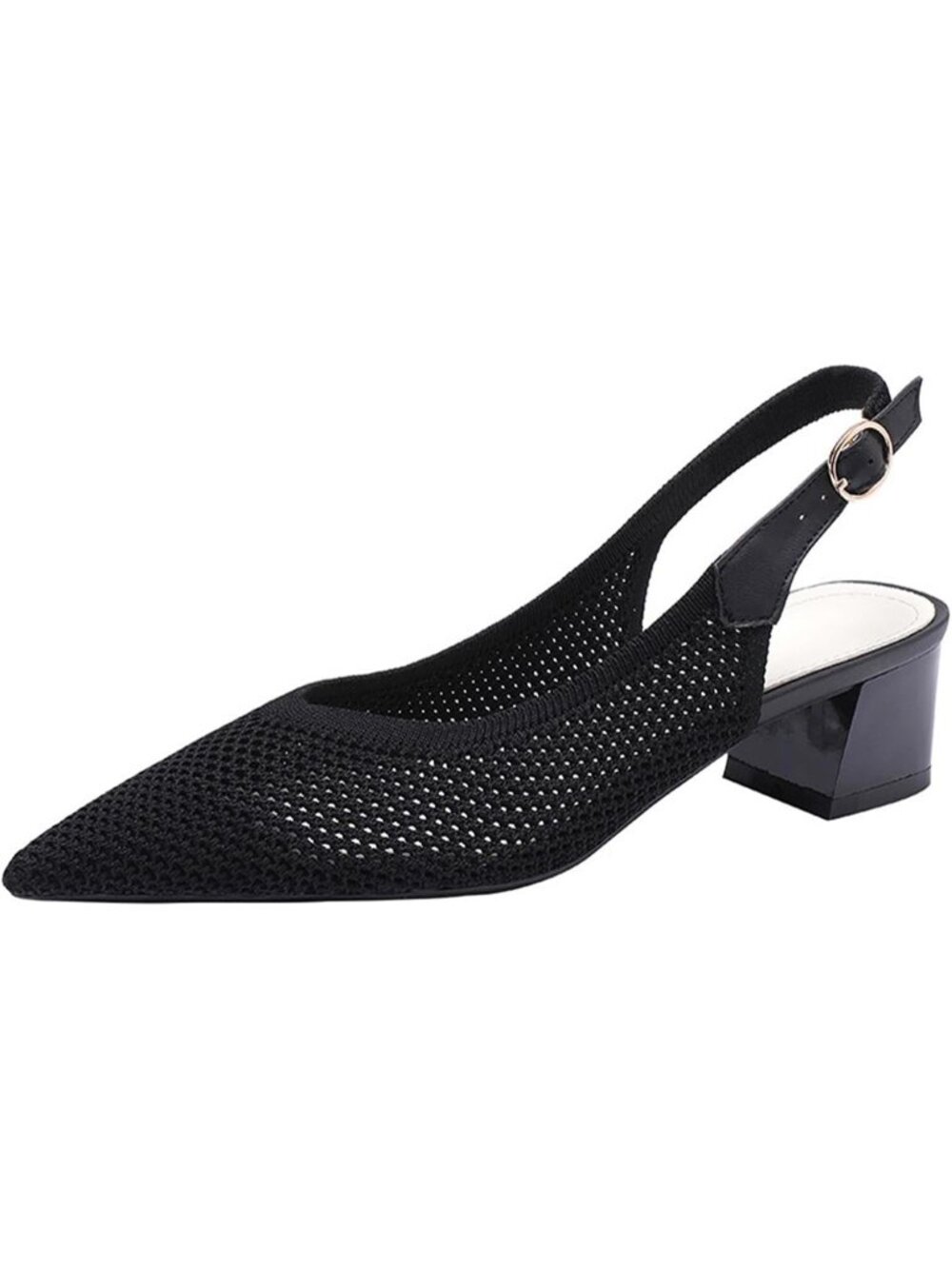 Women's Black Slingback Block Heel Pumps Ladies Closed Pointed Toe Weave Sandals